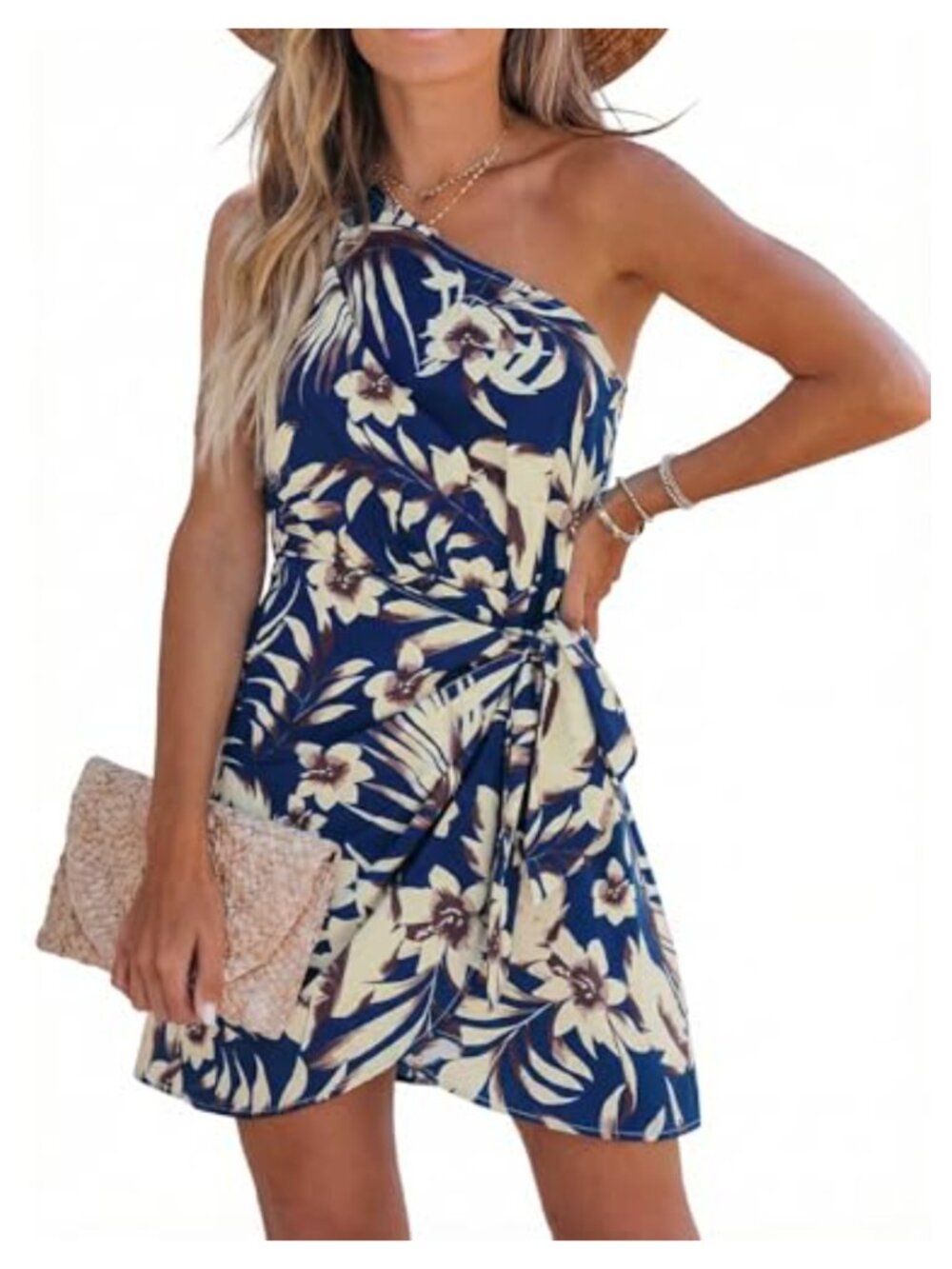 CUPSHE One Shoulder Floral Mini Dress Self Tie Sleeveless A-Line